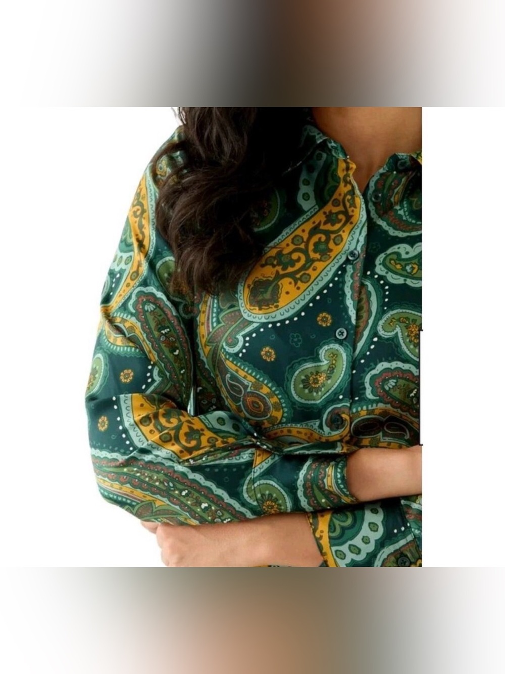 Chelsea & Theodore Paisley Satin Button Down Blouse Large Business Casual Boho - Picture 4 of 6